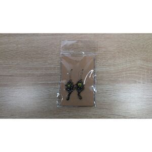 Vintage Style Antique Silver Filigree Dangle Earrings with Green Stone Cabochon